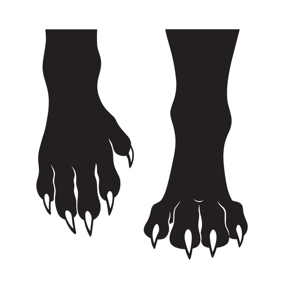 Bold angry wolf foot and paw silhouette set for hunting gear and wildlife identity vector