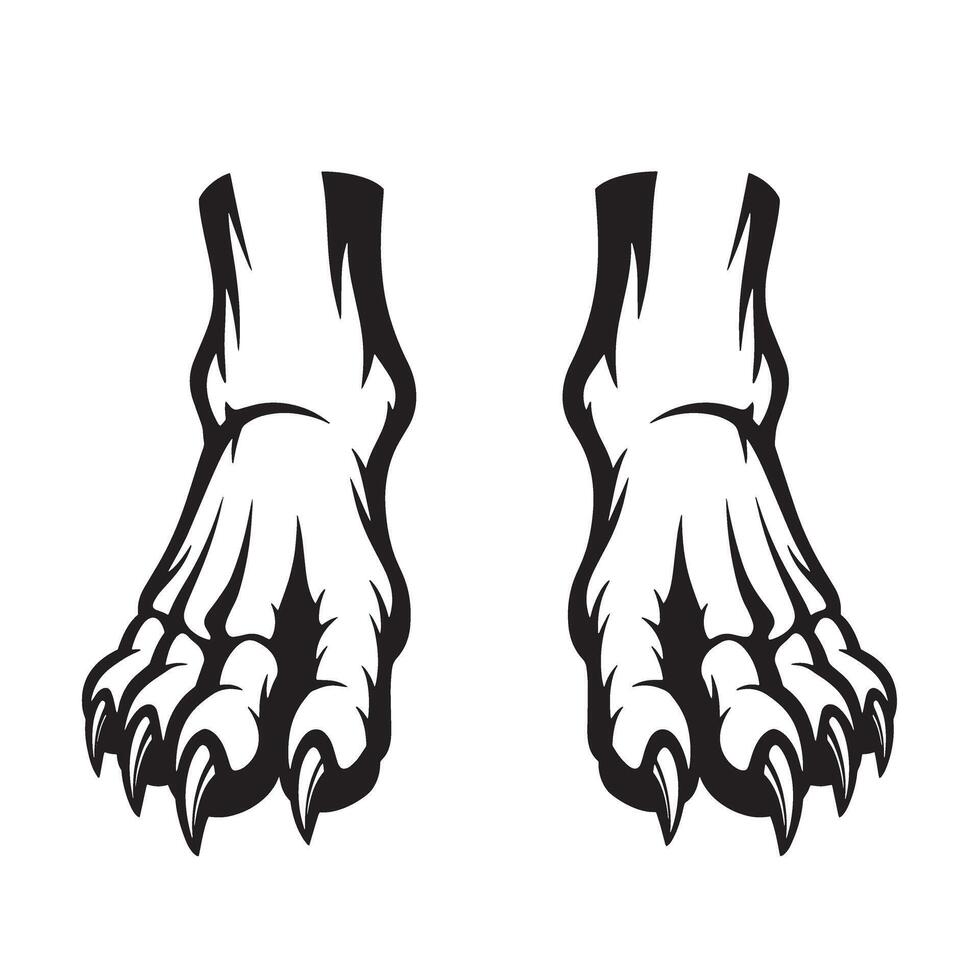 Angry wolf claw and paw set in silhouette for wilderness and animal power themes vector