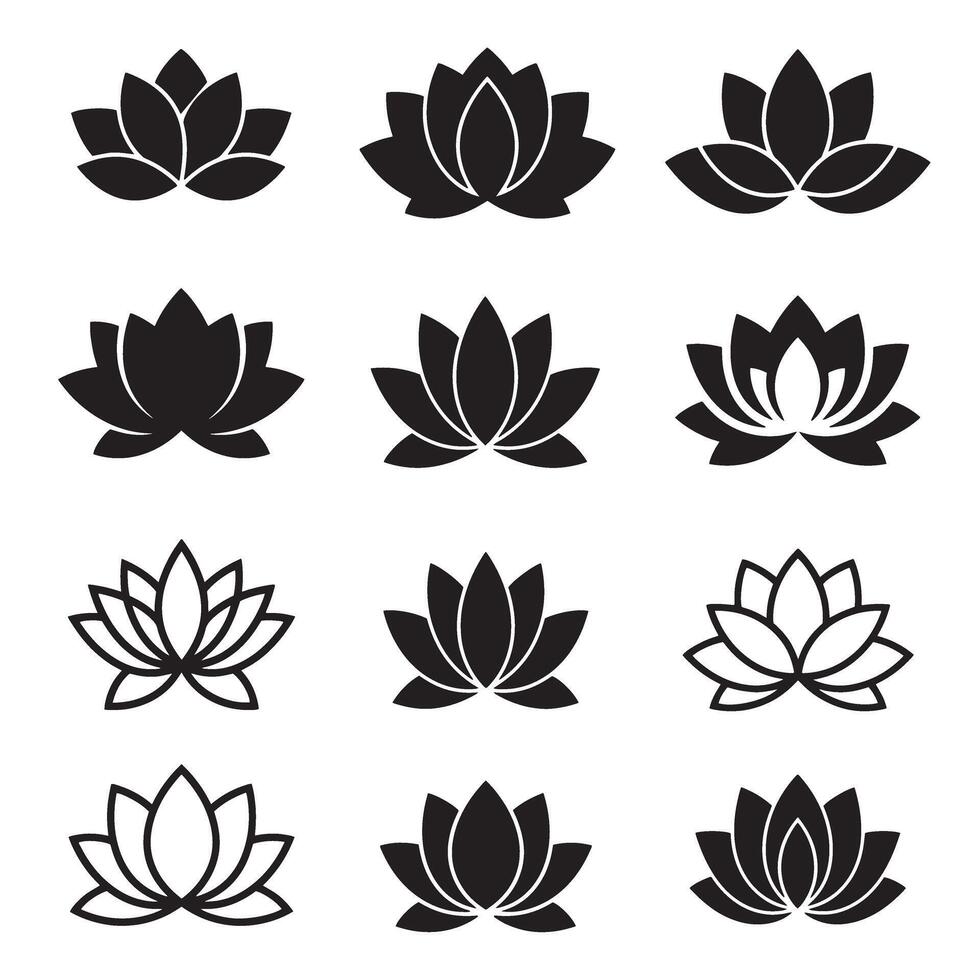 Sacred lotus flower symbol icon collection in clean silhouette format vector