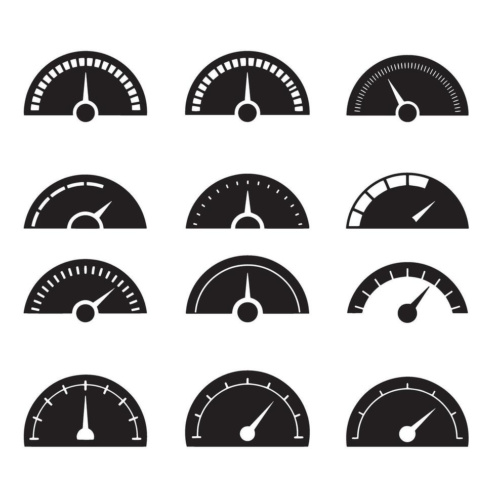 Dashboard interface icon pack with fuel speed RPM and tachometer silhouettes vector