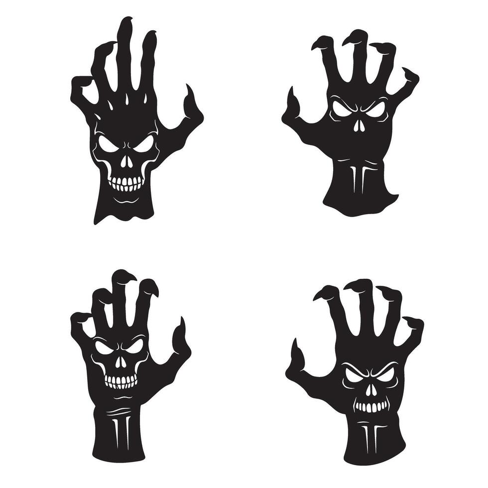 Angry skull hand symbol set with dark gothic silhouette style for graphic illustration vector