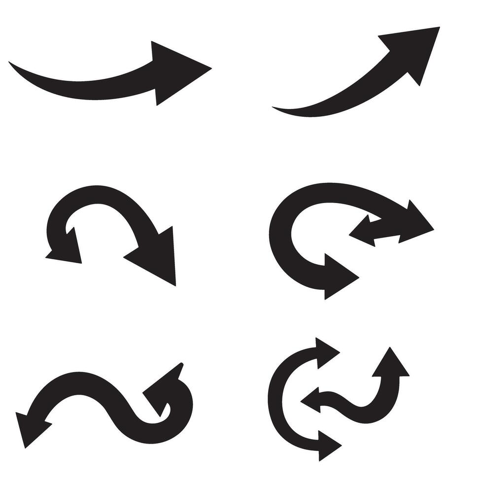 Navigation and direction symbol pack with curved arrows and silhouette pointing hands vector