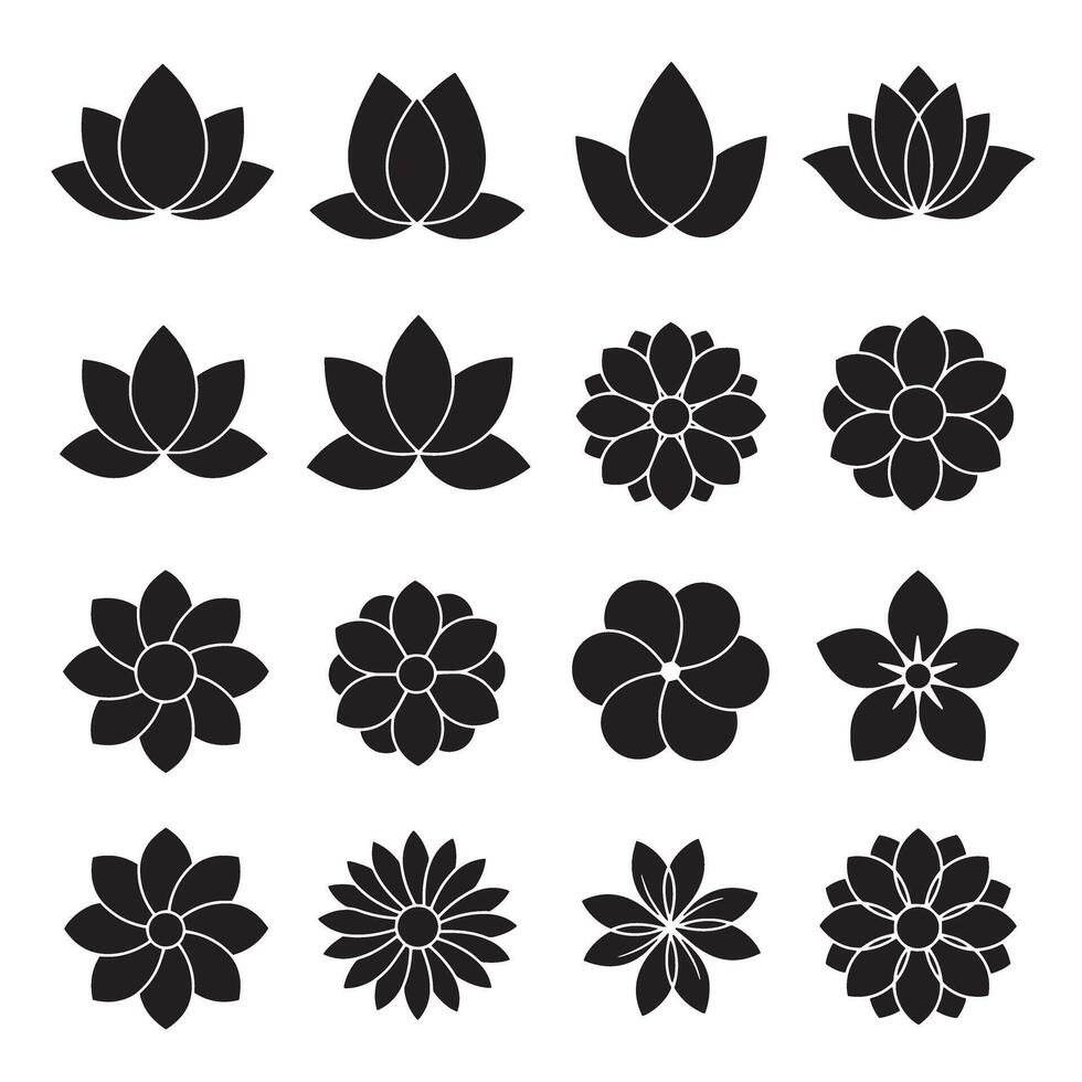 Black floral design elements with tulip and lotus icon shapes for print and logo artwork vector