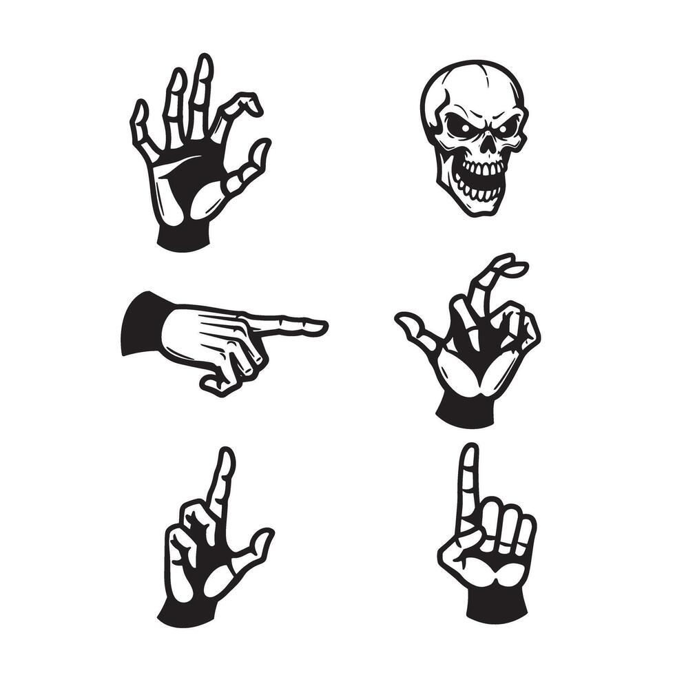 Set of angry skull and hand silhouettes for Halloween theme and edgy branding use vector