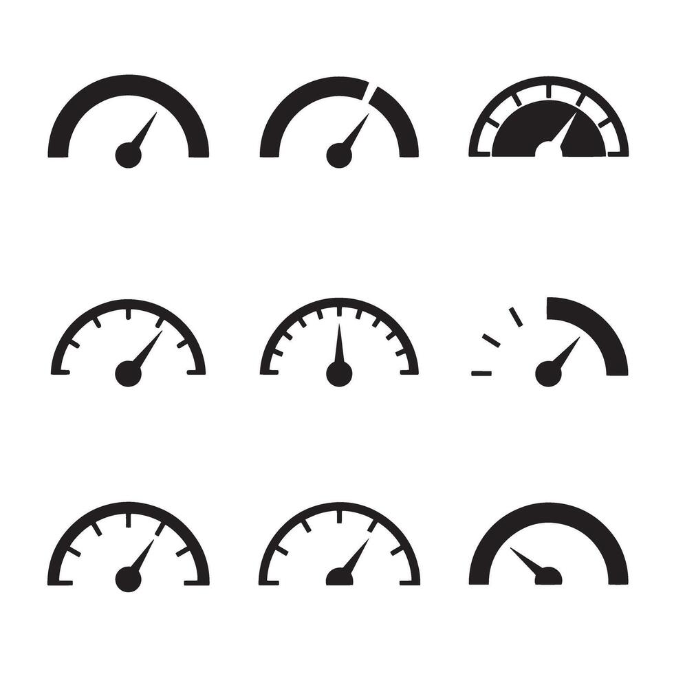 Dashboard speed gauge and RPM tachometer icons in bold silhouette graphic bundle vector