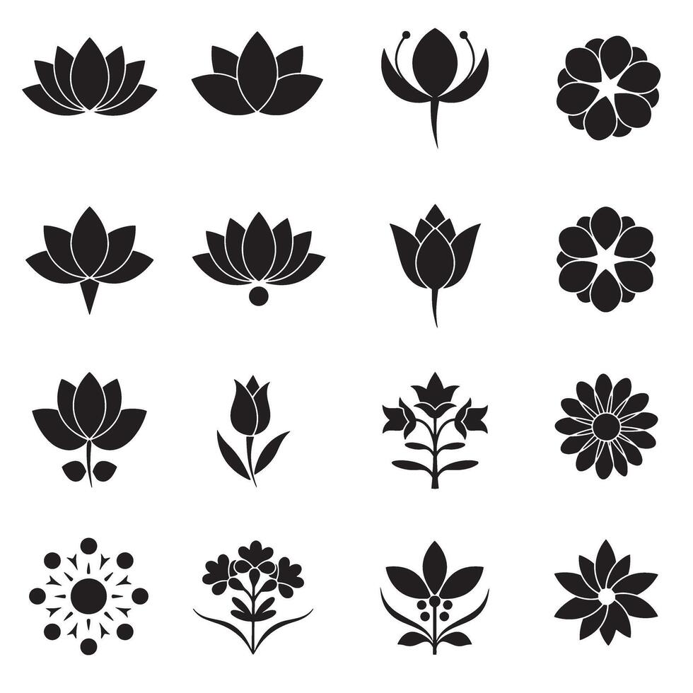 Clean modern floral icons for badge tattoo logo and layout design in black silhouette style vector