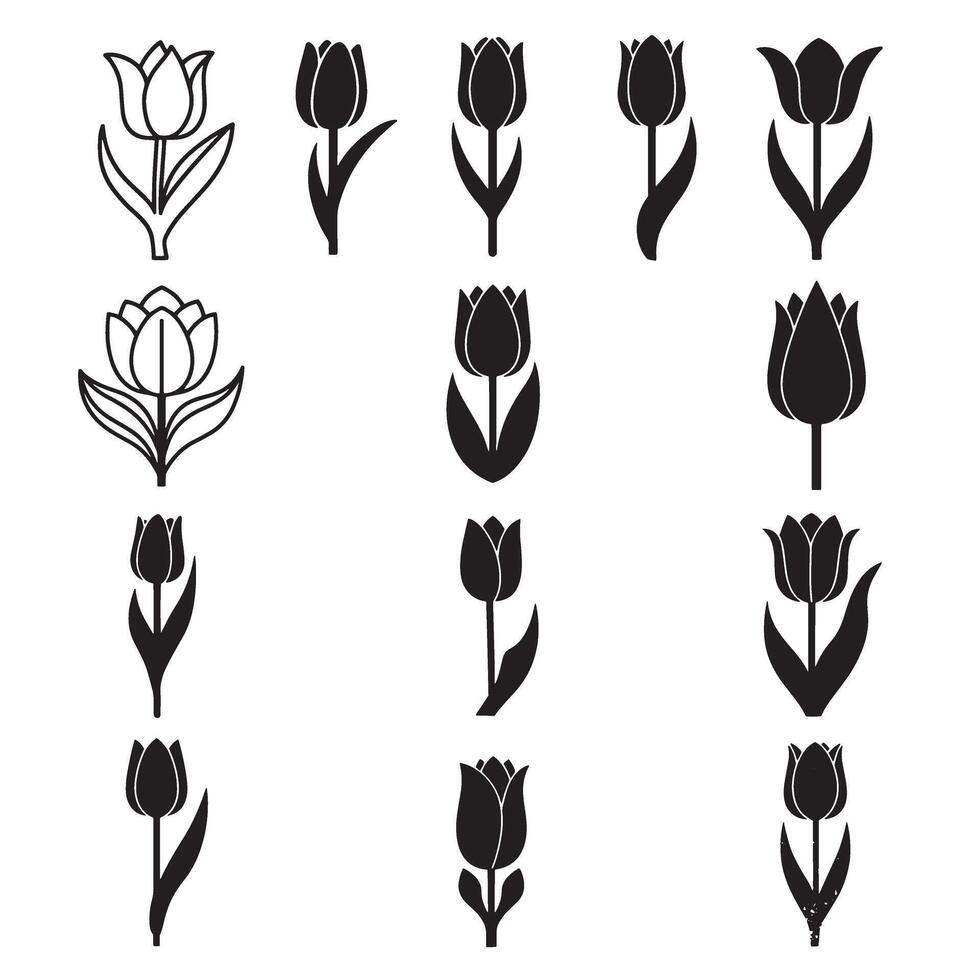 Elegant tulip icon bundle featuring clean flower silhouettes for nature themes vector