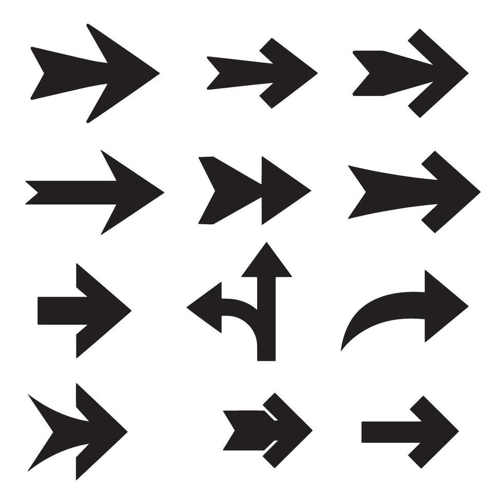 Bold silhouette bundle of direction logos and flat arrow pointing symbols for signs vector