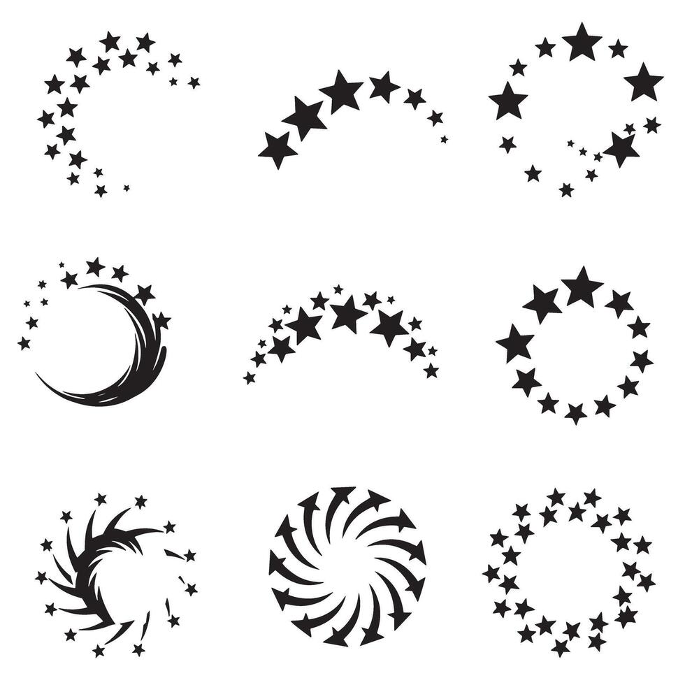 Graphic logo bundle with curved star icons in bold silhouette format for creative business vector