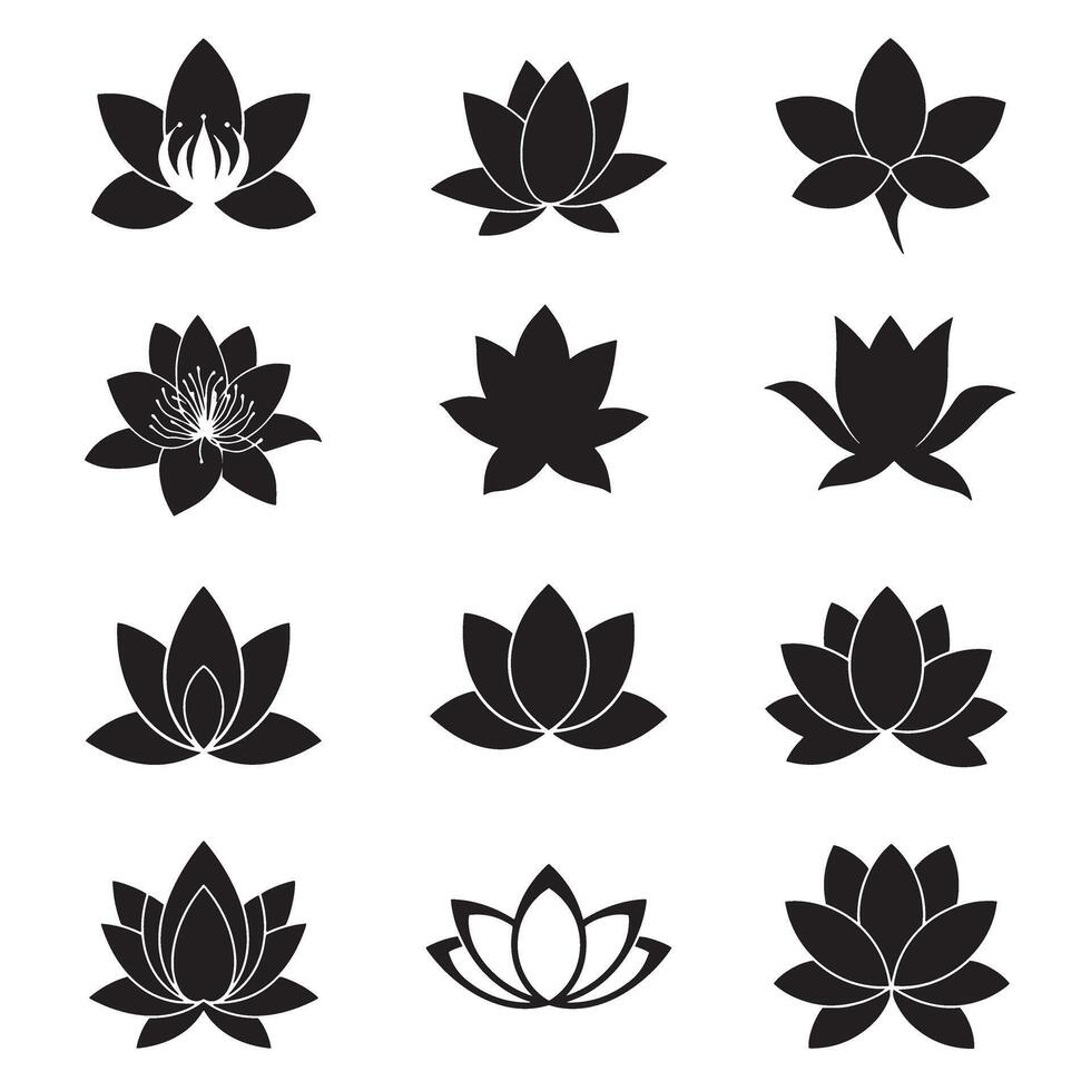 Symmetrical floral lotus icon bundle in black silhouette design vector