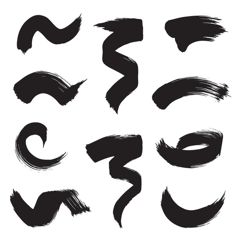 Bundle of smooth curved brush icons and gesture pointing strokes in black silhouette vector