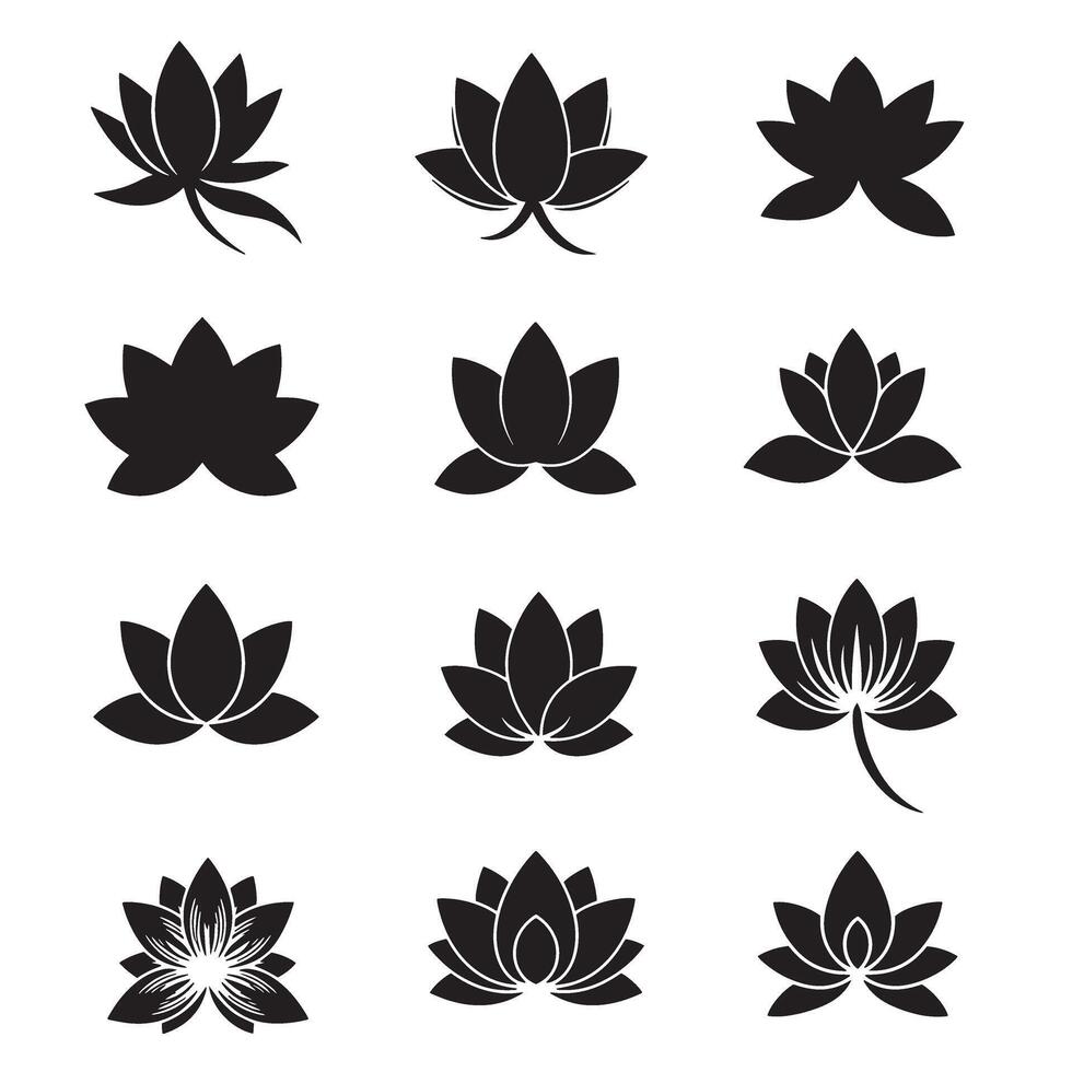 Simple lotus flower symbols in modern black silhouette style vector