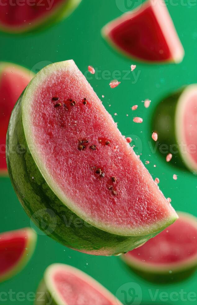 Sliced watermelon falling on green background with seeds splashing photo