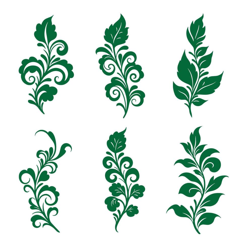 Swirl leaves ornament collection perfect for traditional design and botanical motifs vector