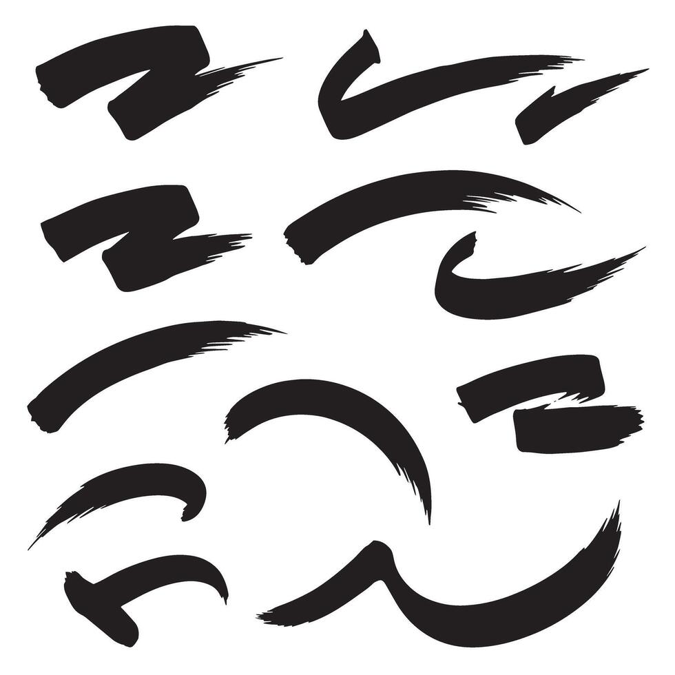 Bundle of pointing curve strokes and artistic brushes in bold silhouette graphic style vector