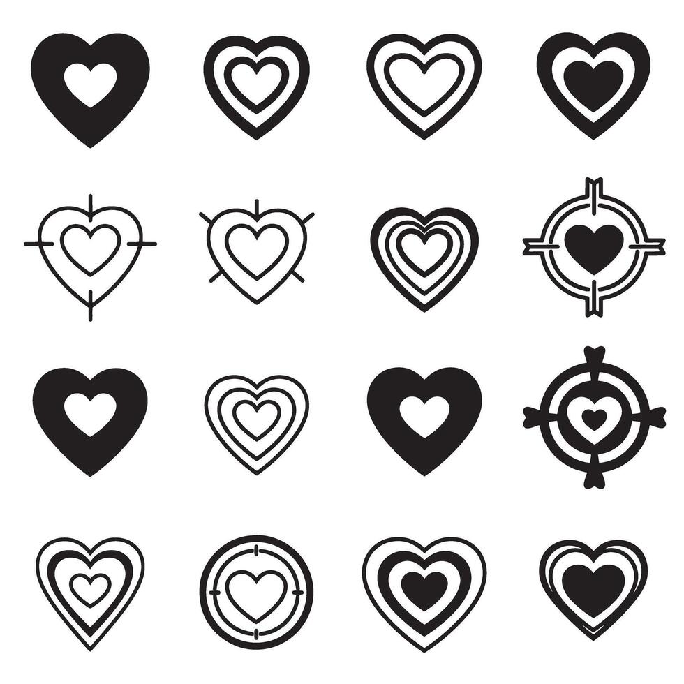 Heart center target icon collection in silhouette style for cute romantic themes vector