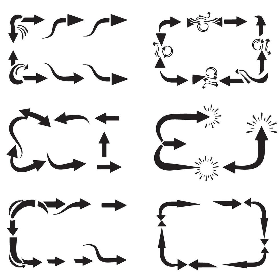 Bold design bundle of curved arrows pointing hands and direction icon silhouettes vector
