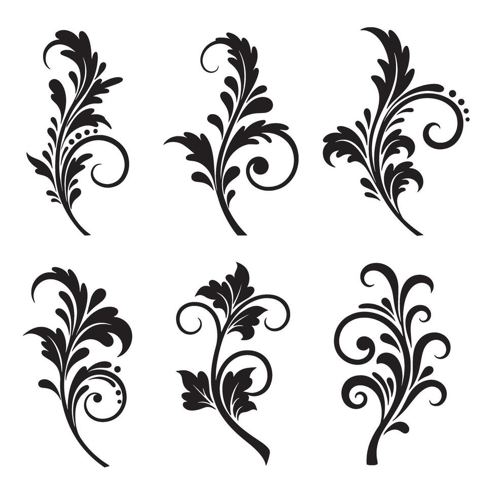 Black swirl leaves ornament set for natural themed layouts and design templates vector