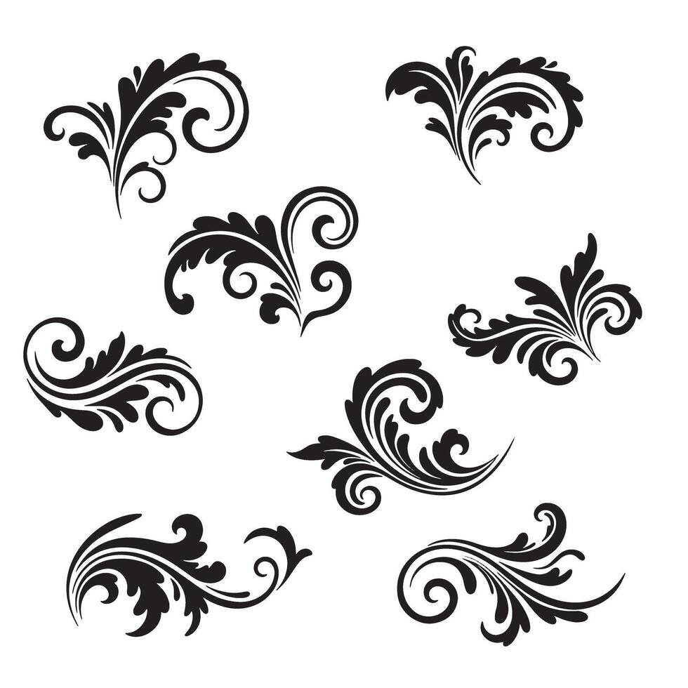 Floral swirl leaves ornament set perfect for boho design invitations and line artwork vector