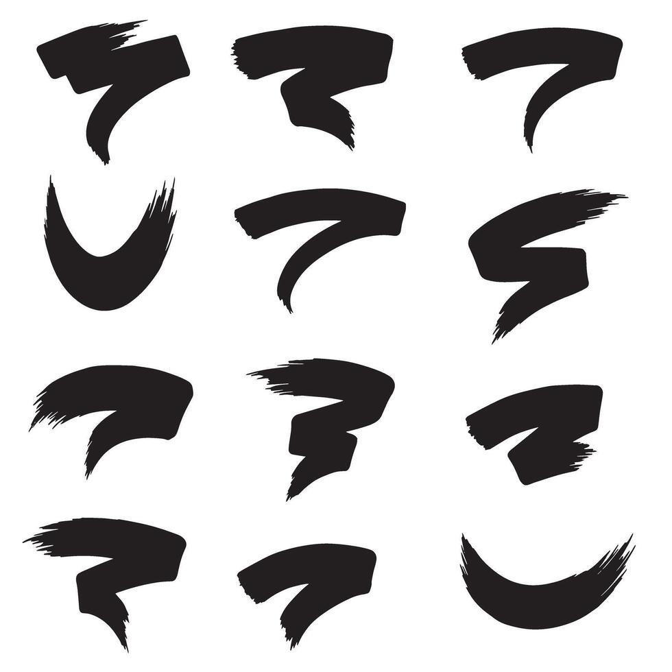 Decorative curved brush lines and pointing stroke symbols in artistic silhouette format vector