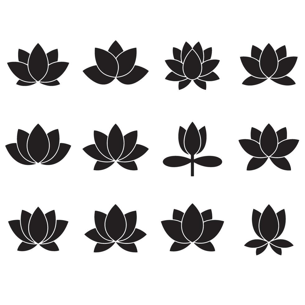 Black lotus flower icon set with minimal line silhouettes for branding vector