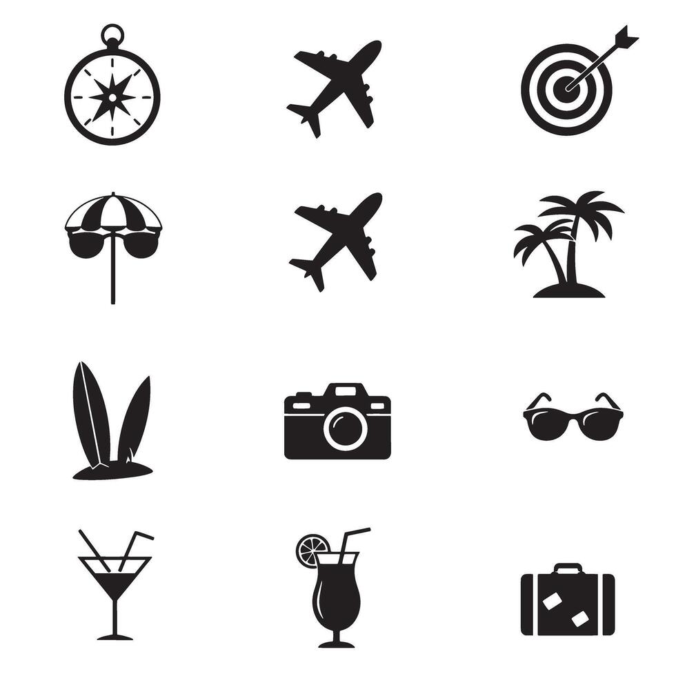 Target icons with clean silhouettes mixed with beach and travel symbols vector