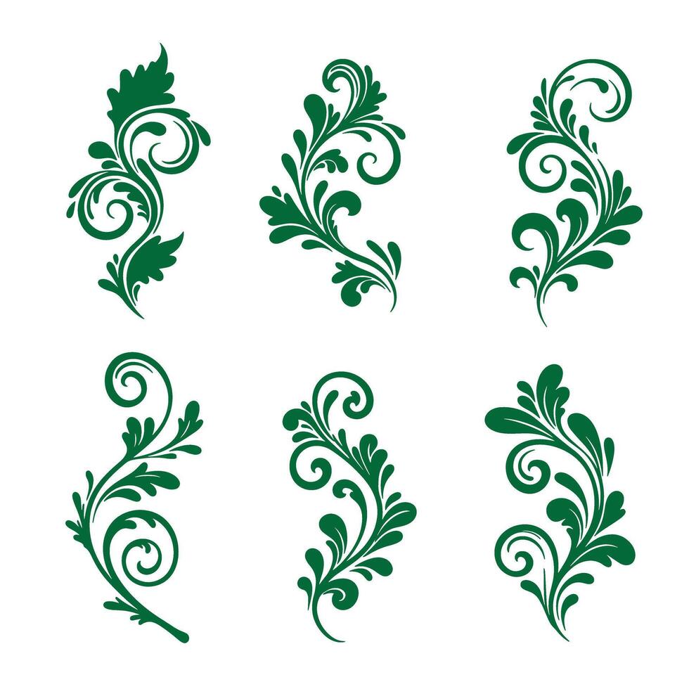 Delicate swirl leaves ornament set perfect for line art decoration and design flourishes vector