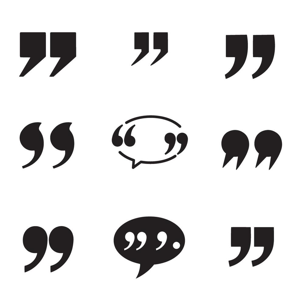 Stylized quotation mark black symbol pack for layout graphics writing and publishing vector