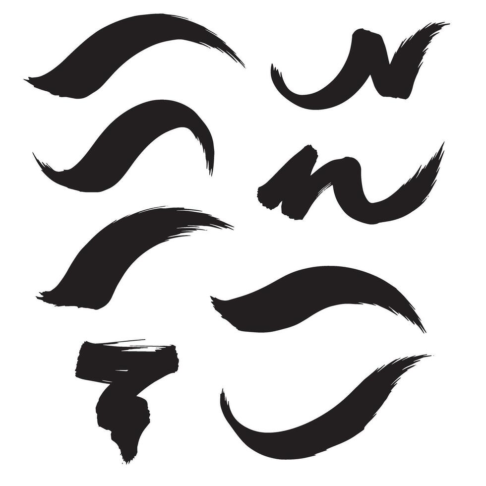 Unique curve stroke shapes and pointing brush icons in a modern silhouette set vector
