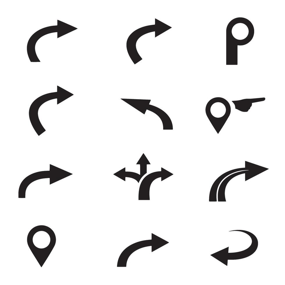 Monochrome silhouette pack of pointing hand icons and curved directional arrows vector