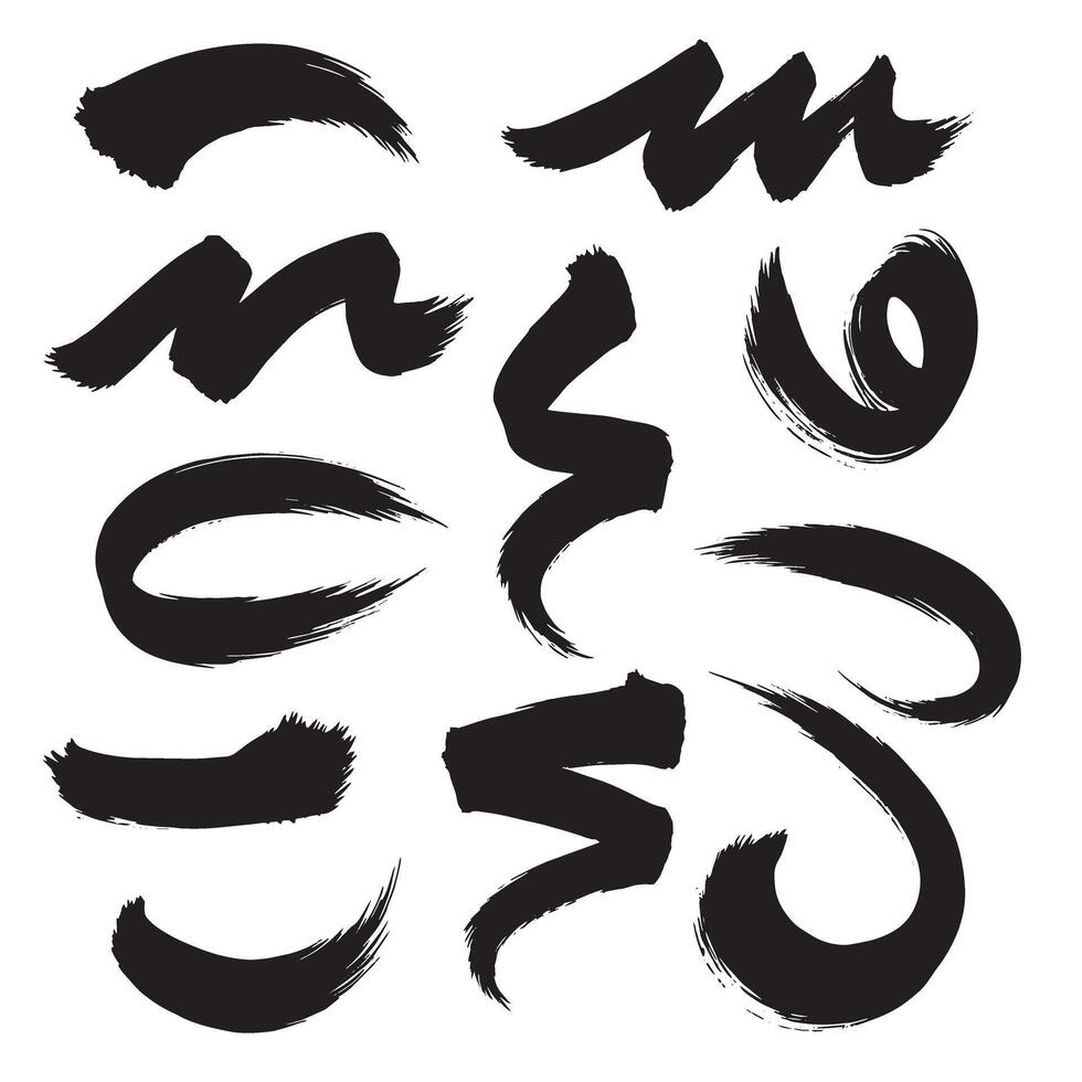 Curved strokes and pointing brush art set in a creative silhouette icon collection vector