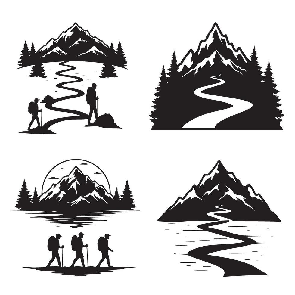 Backpack hiking silhouette elements for exploration and mountaineering themes vector