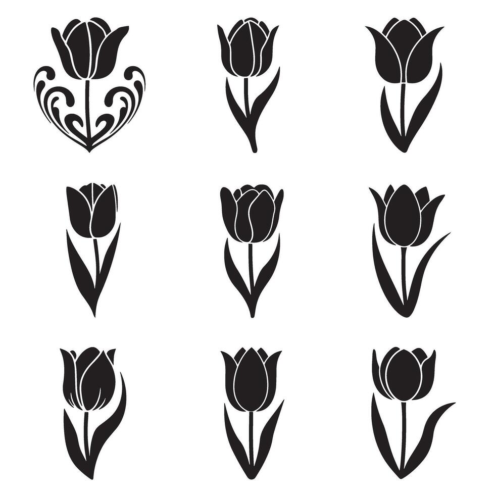 Floral tulip icon set with elegant silhouette lines for beauty and design projects vector