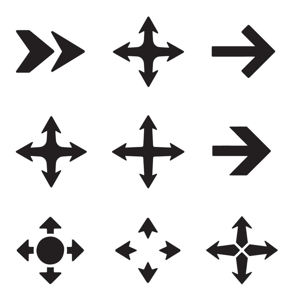 Diverse pointing direction icon bundle with flat arrows and logo silhouettes for UI vector