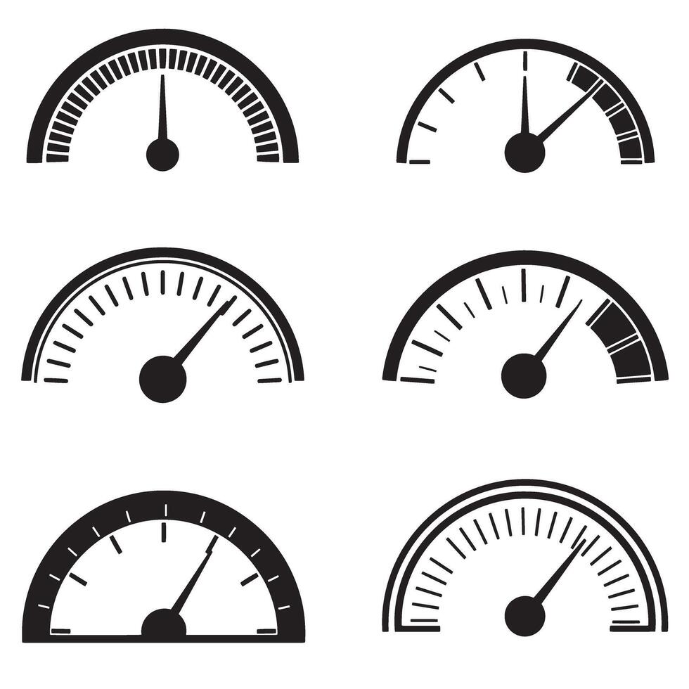 Collection of dashboard elements including speed fuel and RPM icons in silhouette form vector