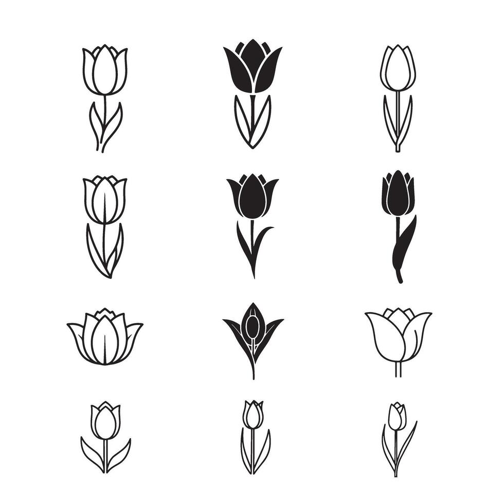 Garden tulip icon set in elegant silhouette style for creative design use vector