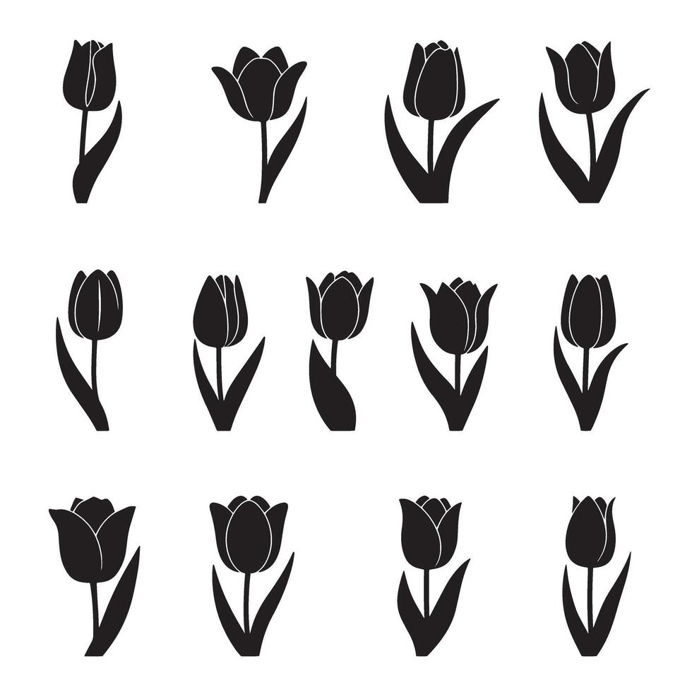 Botanical tulip icon collection in simple silhouette style for decorative design vector