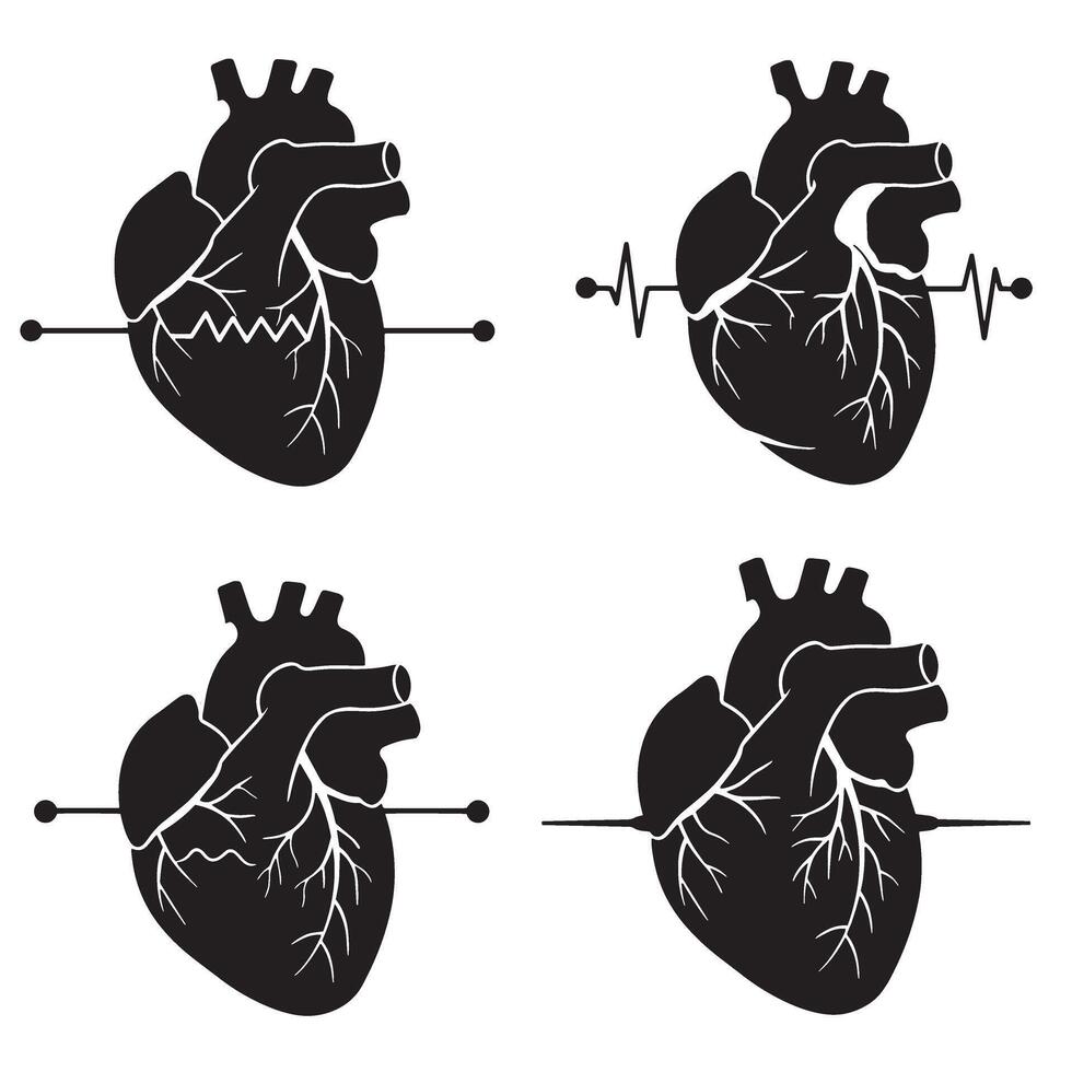 Cardiology icons in bold silhouette style for medical health and hospital design vector