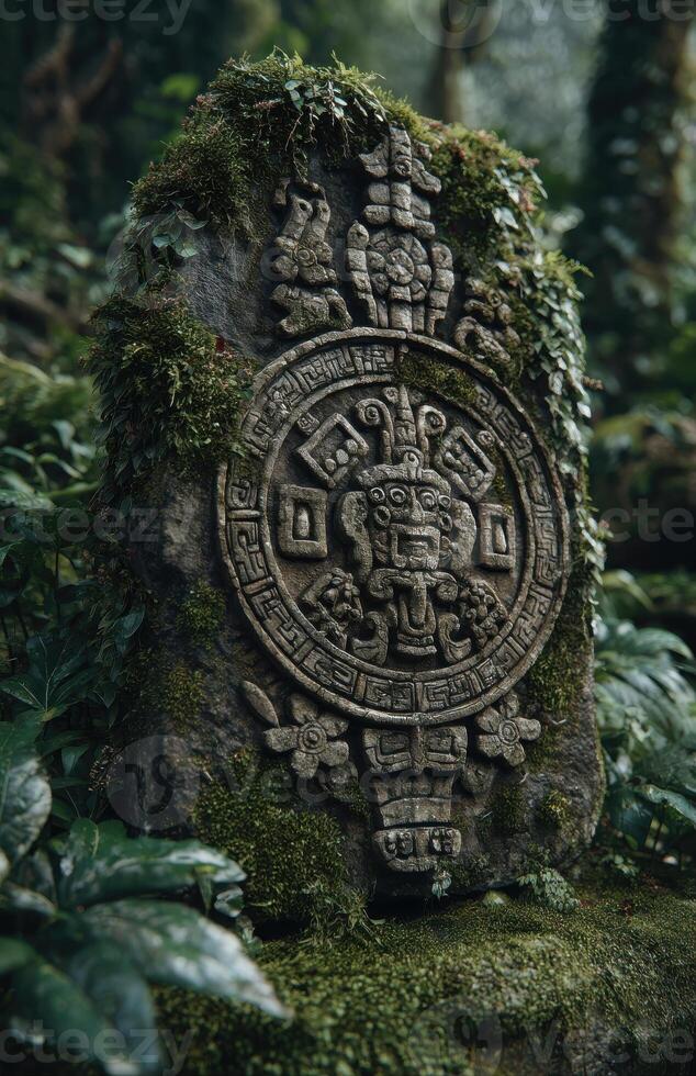 Ancient mayan stone carving covered in moss in a lush jungle setting photo