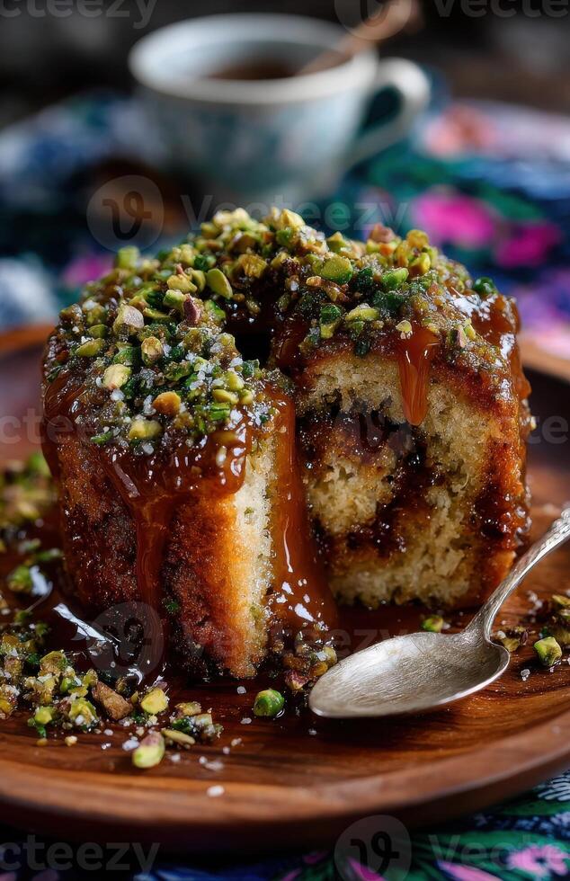 A piece of cake on a plate with a spoon photo