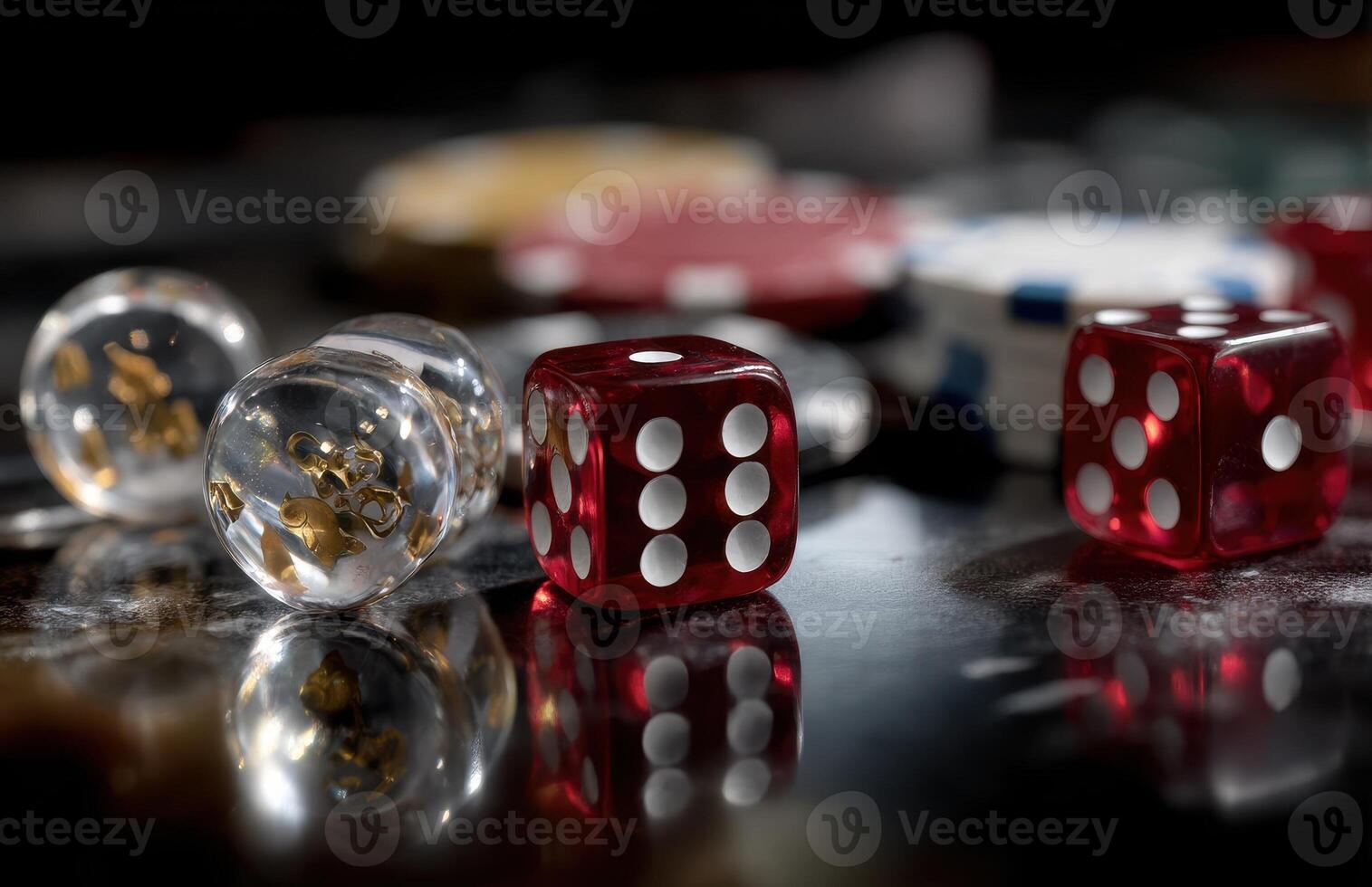 Red dice and casino chips reflecting on wet black surface photo