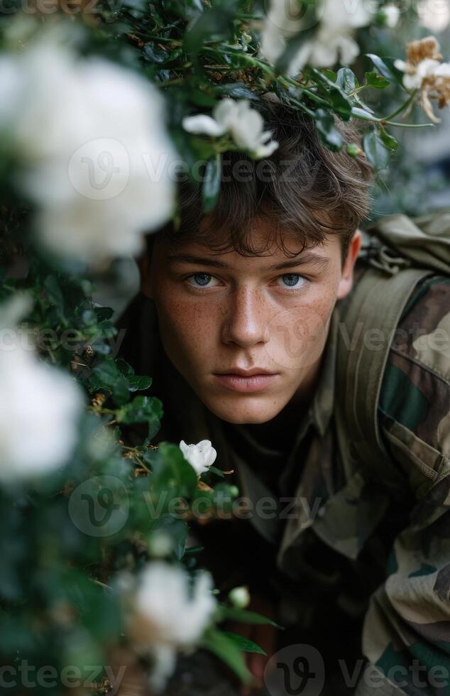 Teenage boy in camouflage hiding behind white flowers photo
