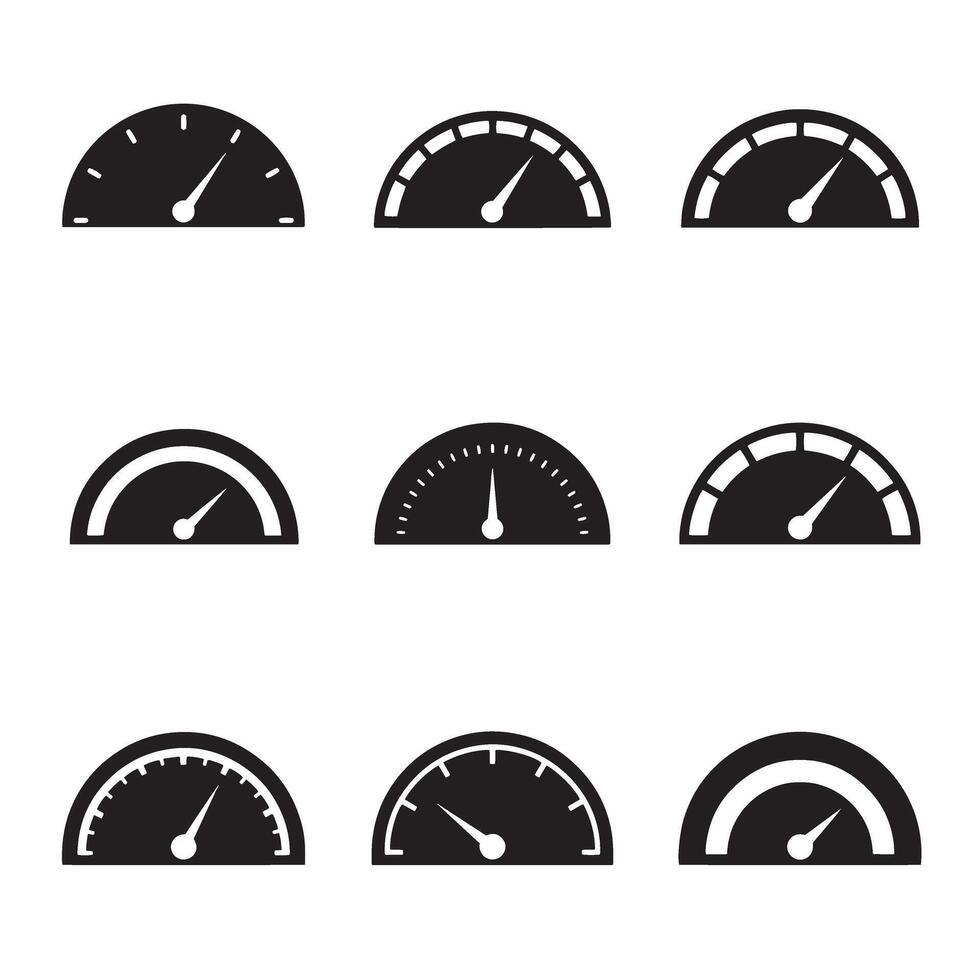Fuel gauge and speedometer dashboard symbols in bold tachometer silhouette format vector