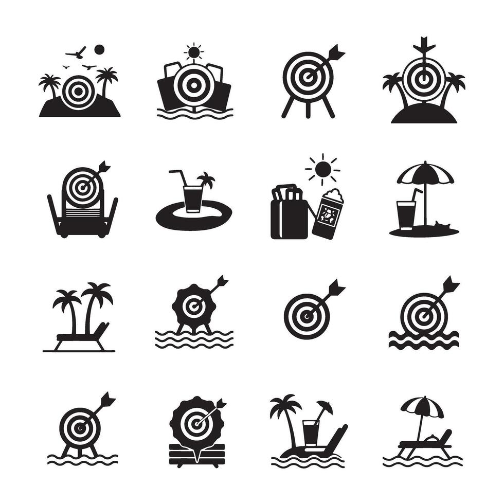 Icon collection of target and beach elements in silhouette layout vector