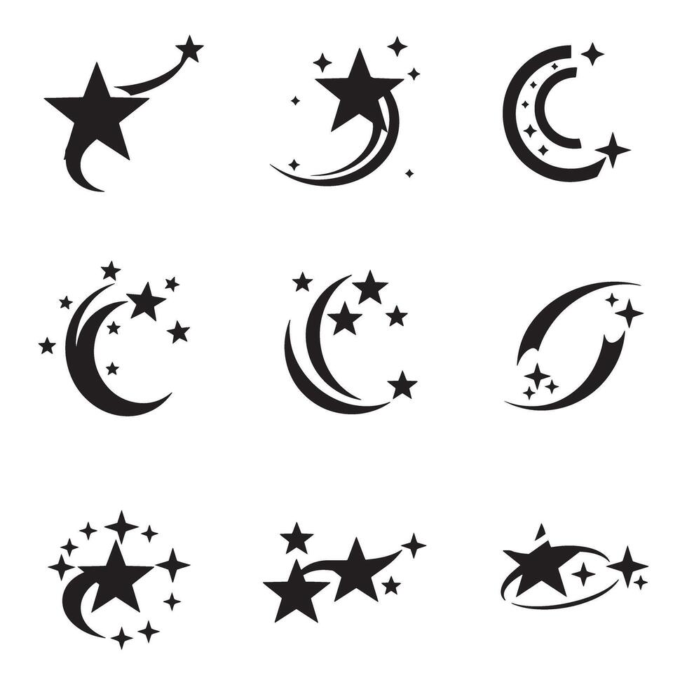 Bundle of curved star company logo symbols in bold silhouette style for identity creation vector