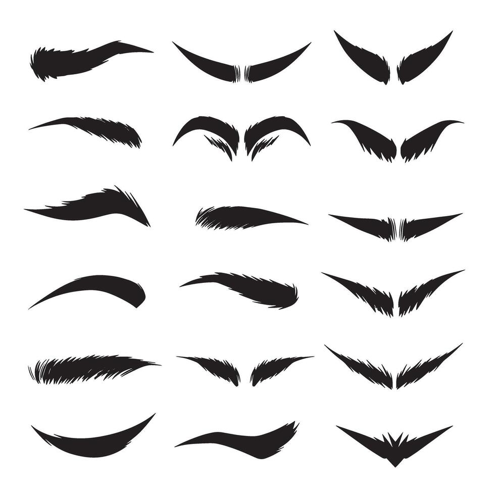 Set of black eyebrow shapes with detailed lash and eye designs in silhouette format vector