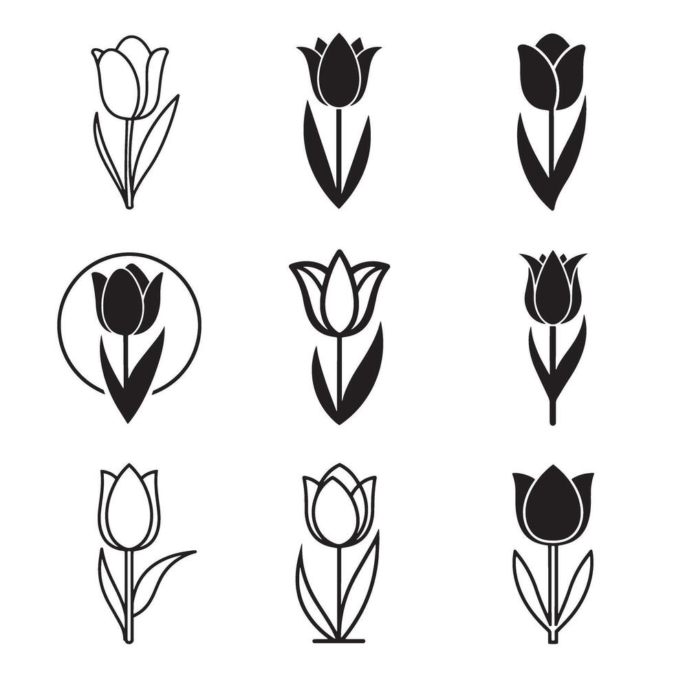 Artistic tulip flower icons with black silhouettes for decorative projects vector