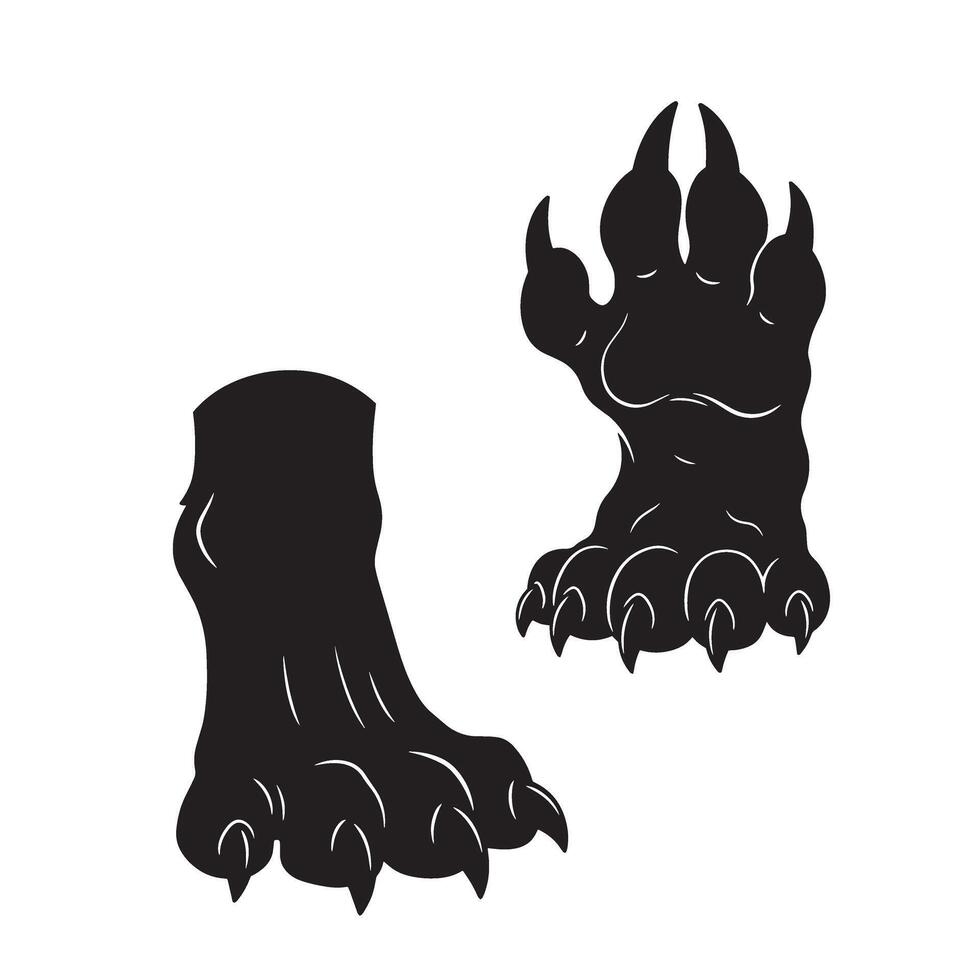 Aggressive wolf foot print silhouette design set for predator logo and tattoo ideas vector