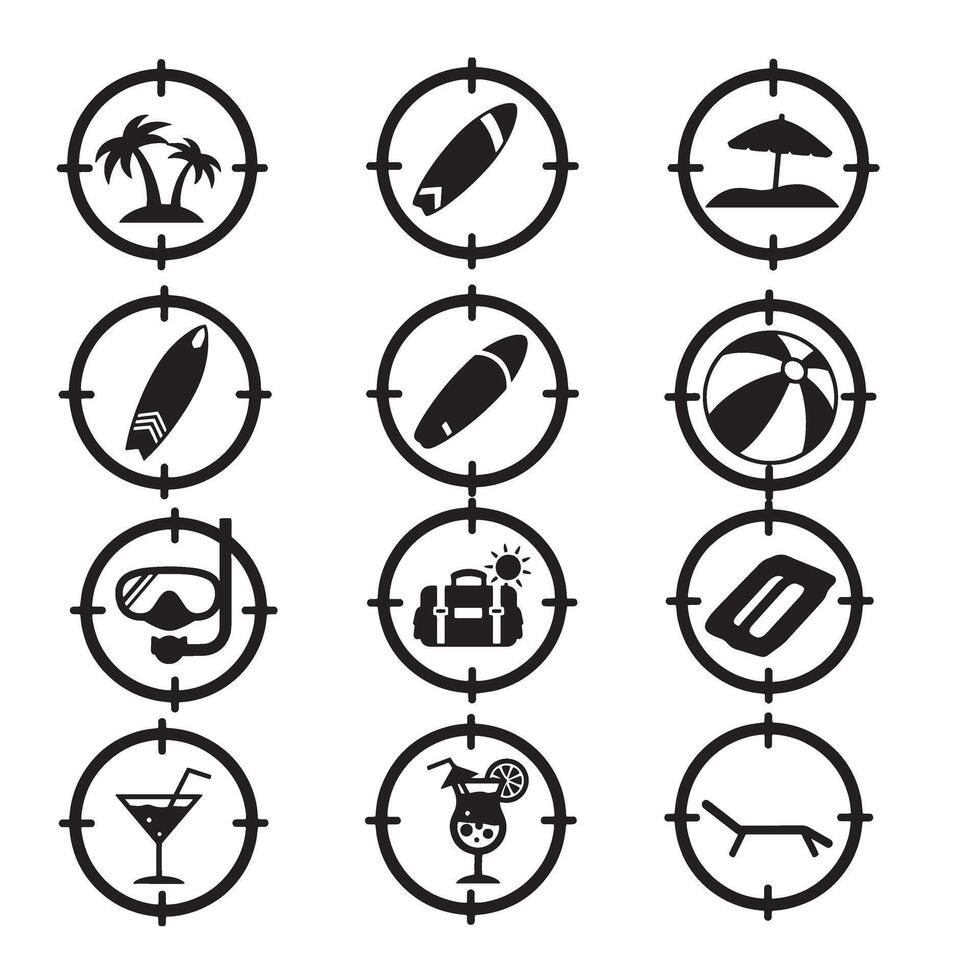 Creative pack of target and beach icons in clean black silhouette style vector