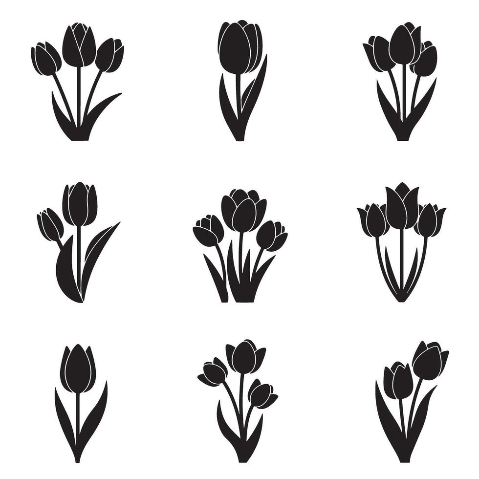 Decorative tulip flower icon bundle in black silhouette for printing and branding vector